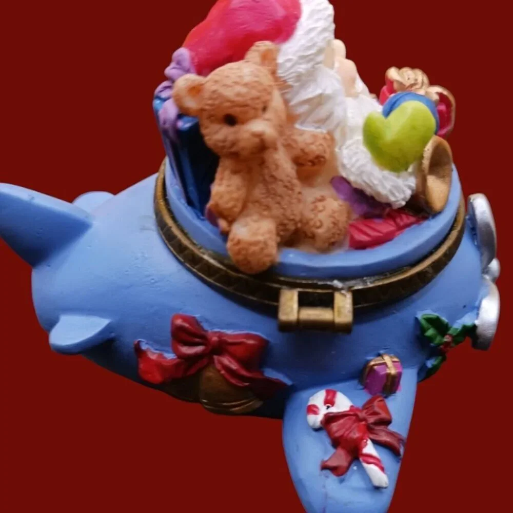 Santa Claus Airplane Trinket Box With Holiday Decorations & Gifts